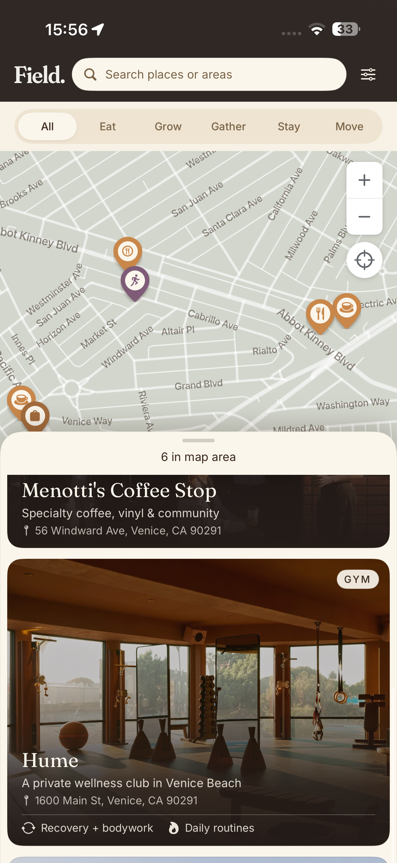 The Field app showing real restaurants and farms on a map