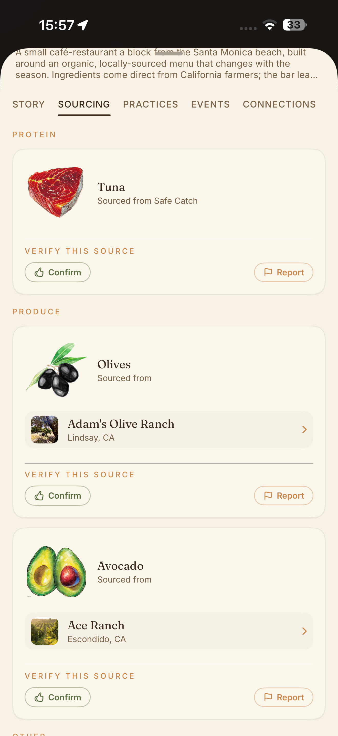 The Field app showing a restaurant's sourcing, verified by the community